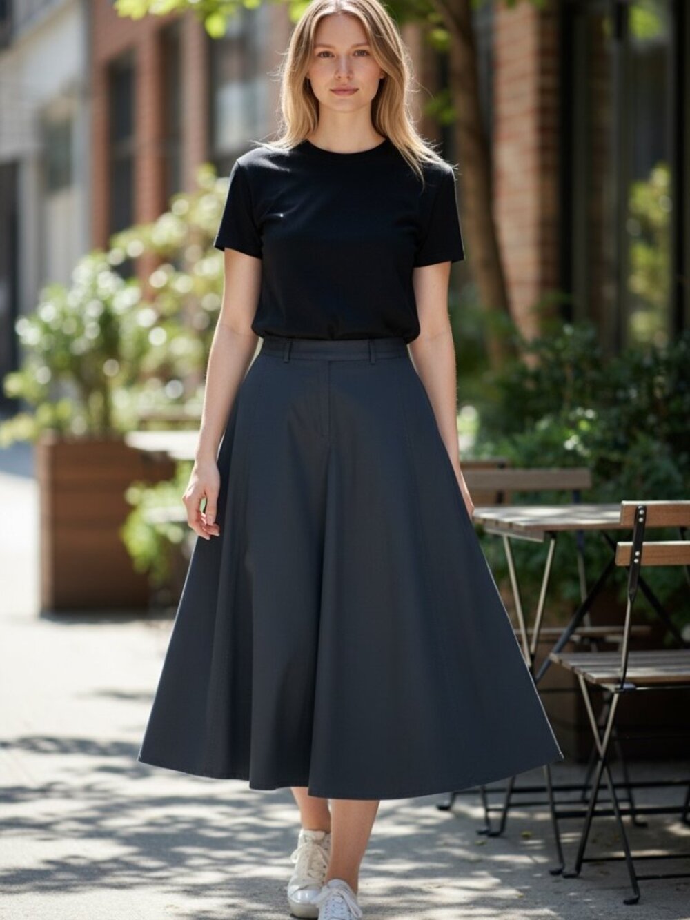 UNIQLO U Black A Line Midi Skirt Womens Size 26 High Waist Flared Minimalist